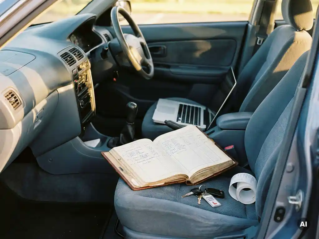 Opengeslagen boekhoudingsboek en laptop op de passagiersstoel van een rijschoolauto, met autosleutels en een kassabon in middaglicht.