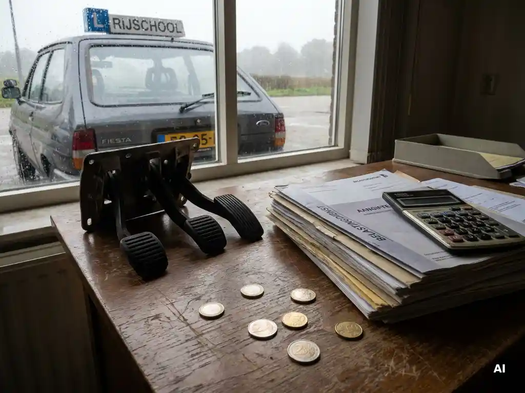 Rijschoolauto met dubbele pedalen naast belastingdocumenten, rekenmachine en euromunten op een instructeursbureau.