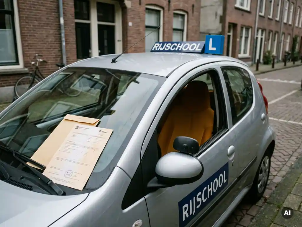 Rijschoolauto geparkeerd op Nederlandse straat met belastingdocument zichtbaar op het dashboard.