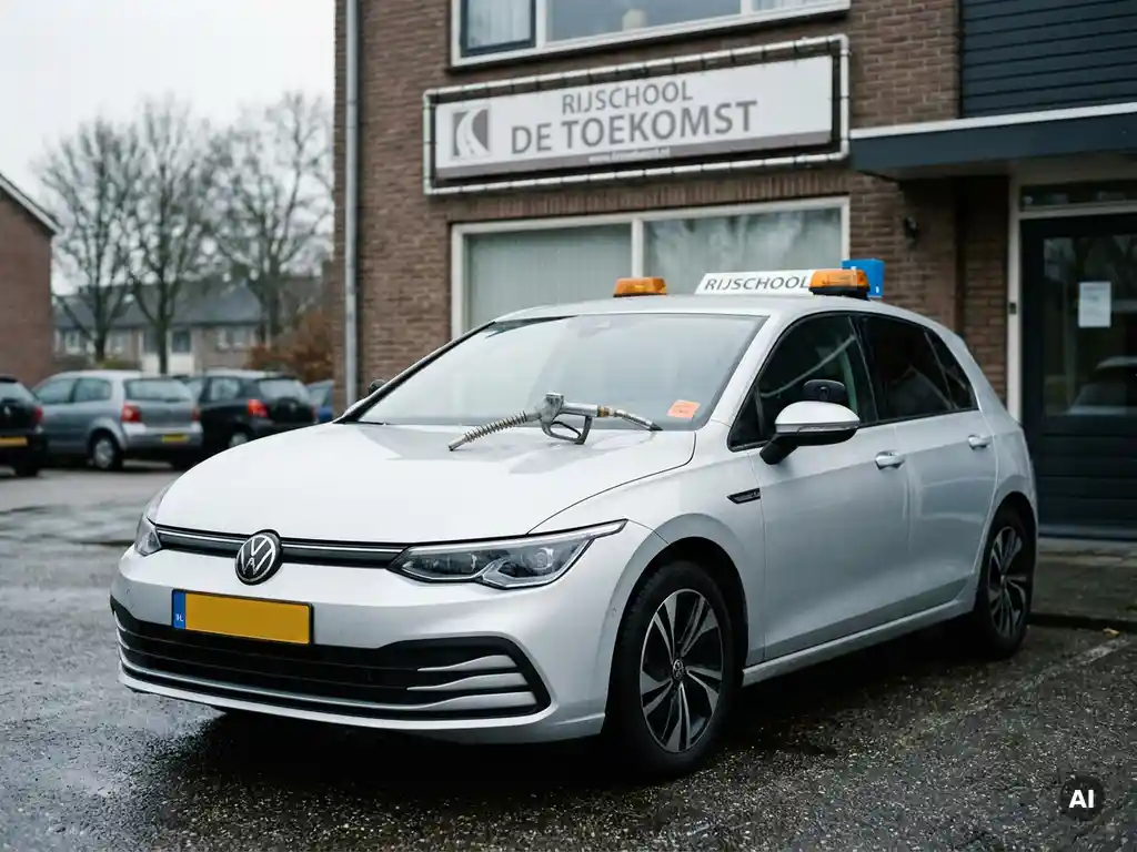Witte rijschoolauto geparkeerd bij een Nederlandse rijschool met een brandstofpistool op de motorkap, symbool voor stijgende autorijles kosten.