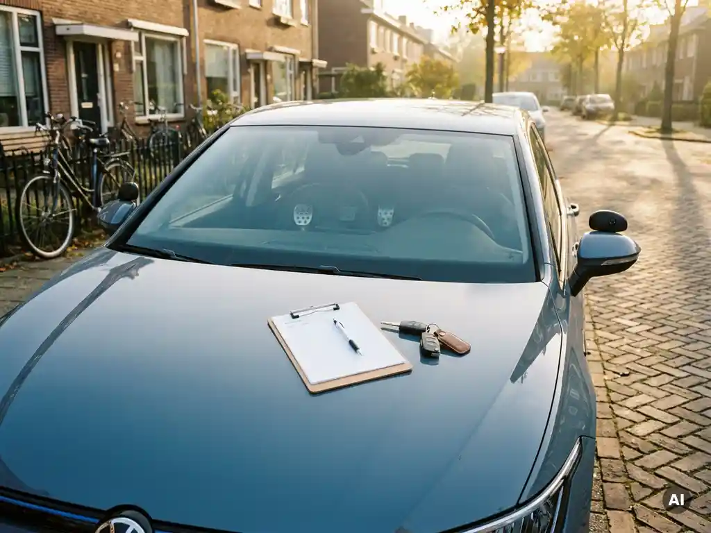 Leeg klembord met checklist op de motorkap van een rijschoolauto met dubbele pedalen, geparkeerd in een Nederlandse woonwijk.
