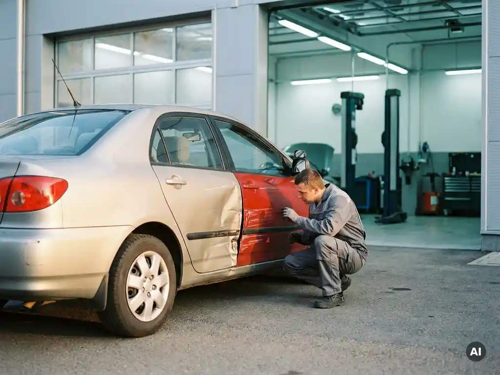 Technicus in grijs uniform inspecteert deuk en krasschade op portier van rijschoolauto bij carrosseriebedrijf.