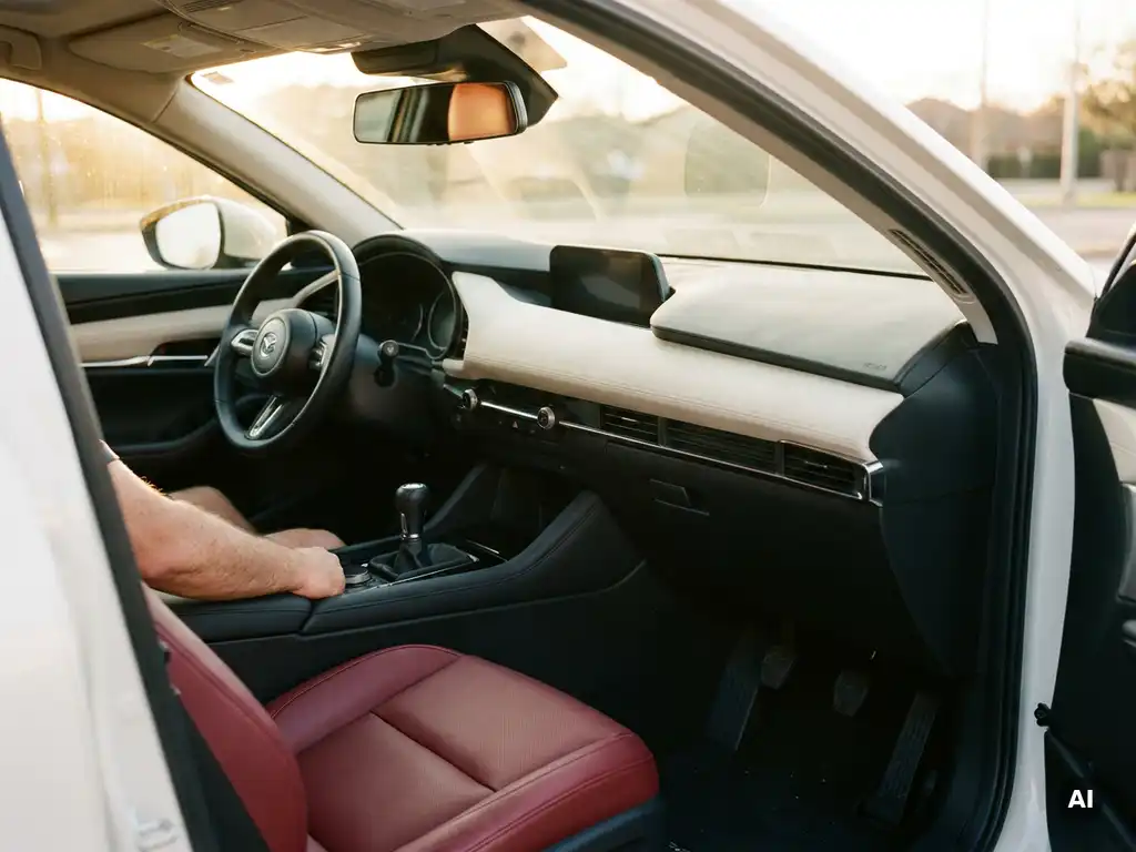 Interieur van een rijschoolauto met dubbele pedalen op de vloer en extra binnenspiegel op het dashboard, warm middaglicht.