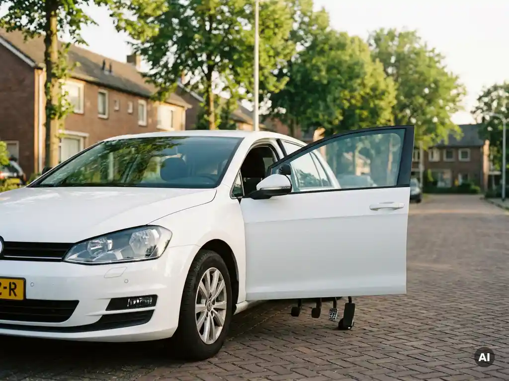 Nieuw rijschoolvoertuig met dubbele bediening geparkeerd in Nederlandse buitenwijk, extra pedalen zichtbaar via open passagiersdeur.