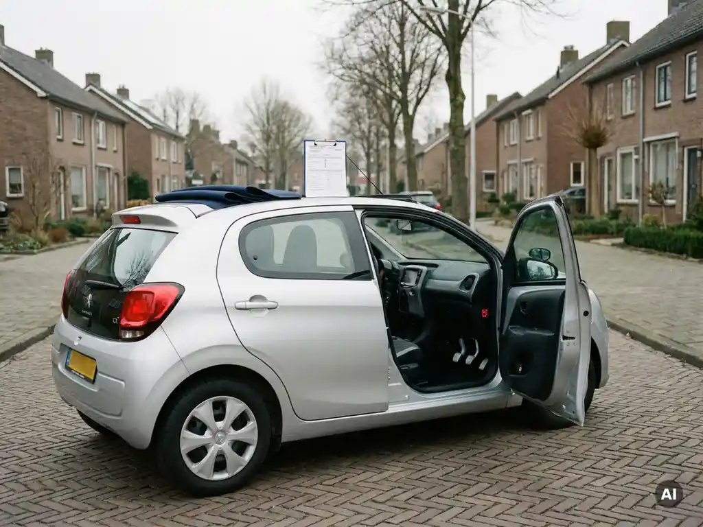 Compacte hatchback rijschoolauto met dubbele pedalen, geparkeerd in Nederlandse woonwijk bij bewolkt daglicht.