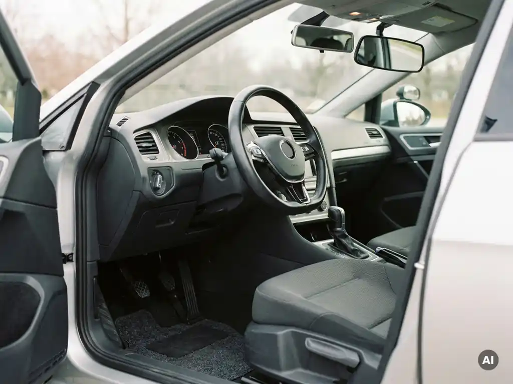 Interieur van een rijschoolauto met dubbele pedalen voor instructeur op de vloer en brede achteruitkijkspiegel op de voorruit.