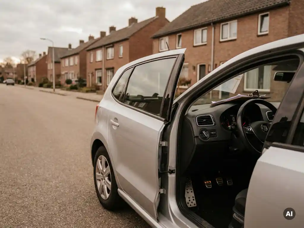 Compacte hatchback rijschoolauto met dubbele pedalen, open passagiersdeur en klembord op dashboard, geparkeerd in Nederlandse woonstraat.