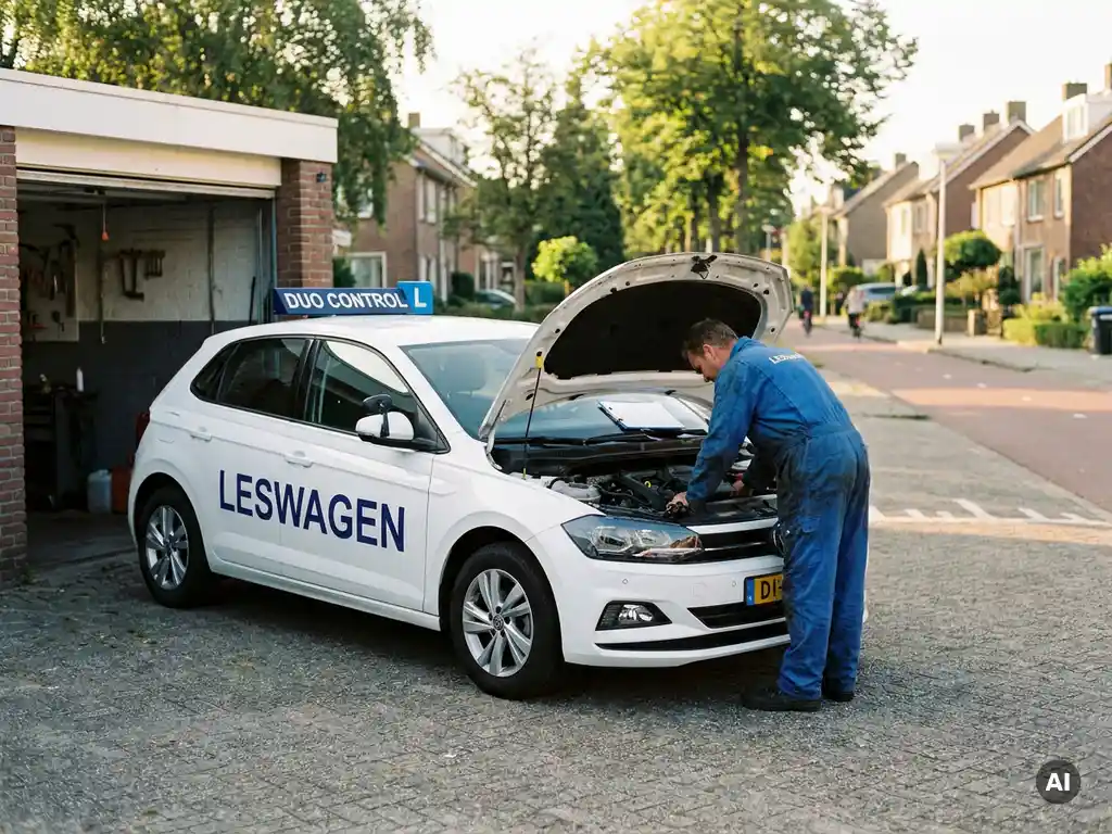 Monteur in blauwe overall inspecteert motorruimte van een nieuwe rijschoolauto met dubbele bediening voor een garage in een Nederlandse buitenwijk.