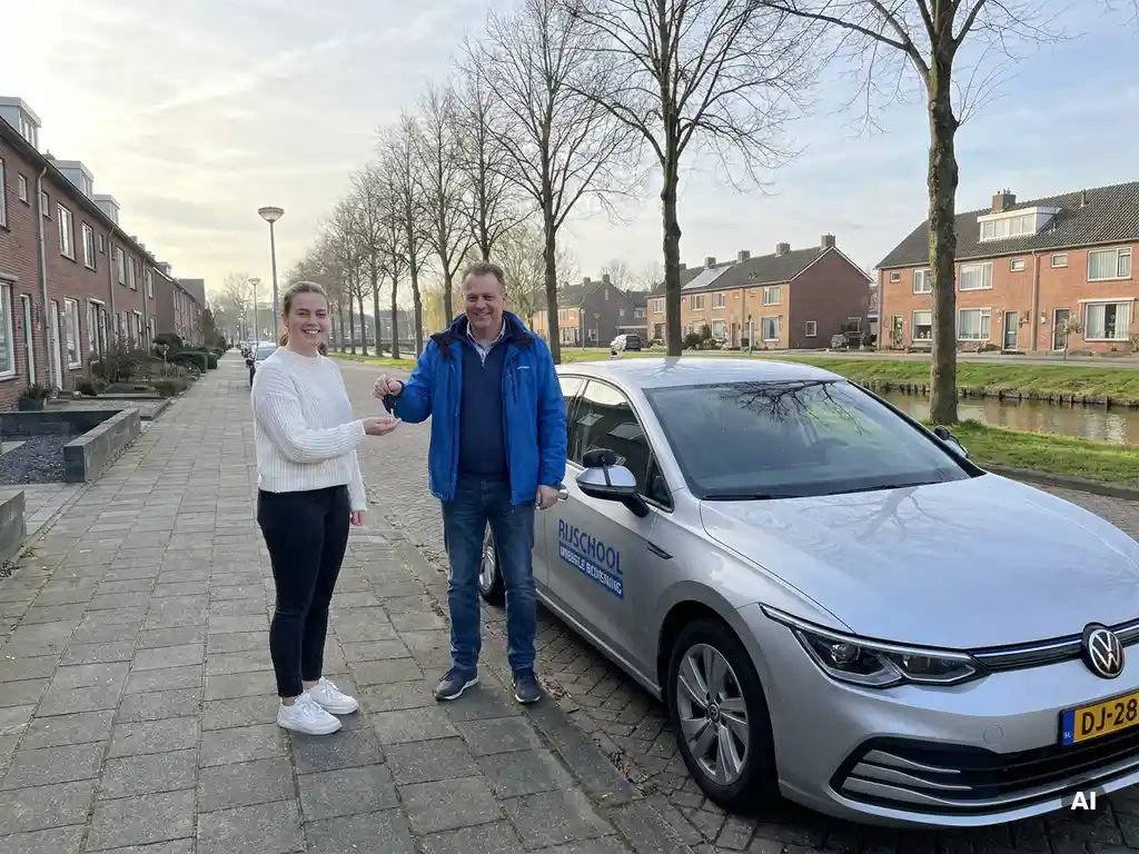 Rijschoolinstructeur overhandigt autosleutels aan leerling naast nieuwe lesauto op Nederlandse woonstraat in zacht ochtendlicht.