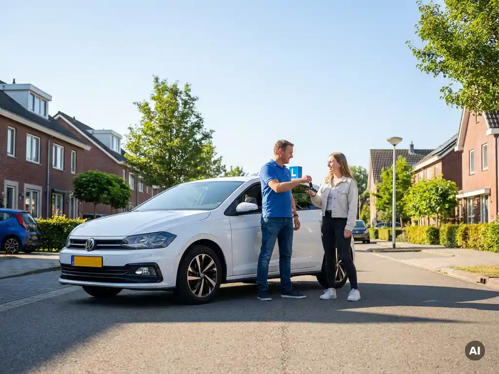 Rijinstructeur overhandigt autosleutels aan lachende leerling naast een rijschoolauto op een Nederlandse woonstraat.