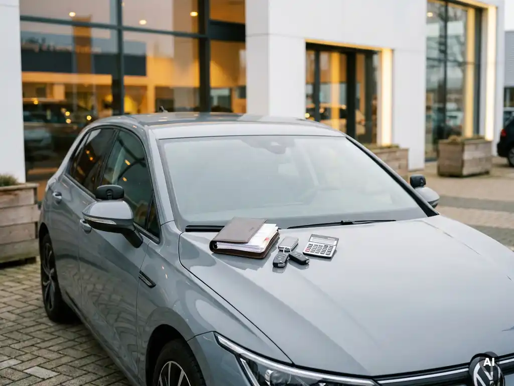 Gloednieuwe rijschoolauto met dubbele bediening op dealerterrein, met documenten, sleutels en rekenmachine op de motorkap.