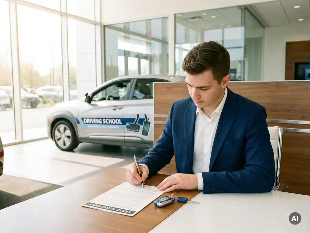 Jonge professional die een leasecontract ondertekent, met een nieuwe rijschoolauto zichtbaar door het raam en autosleutels op het bureau.