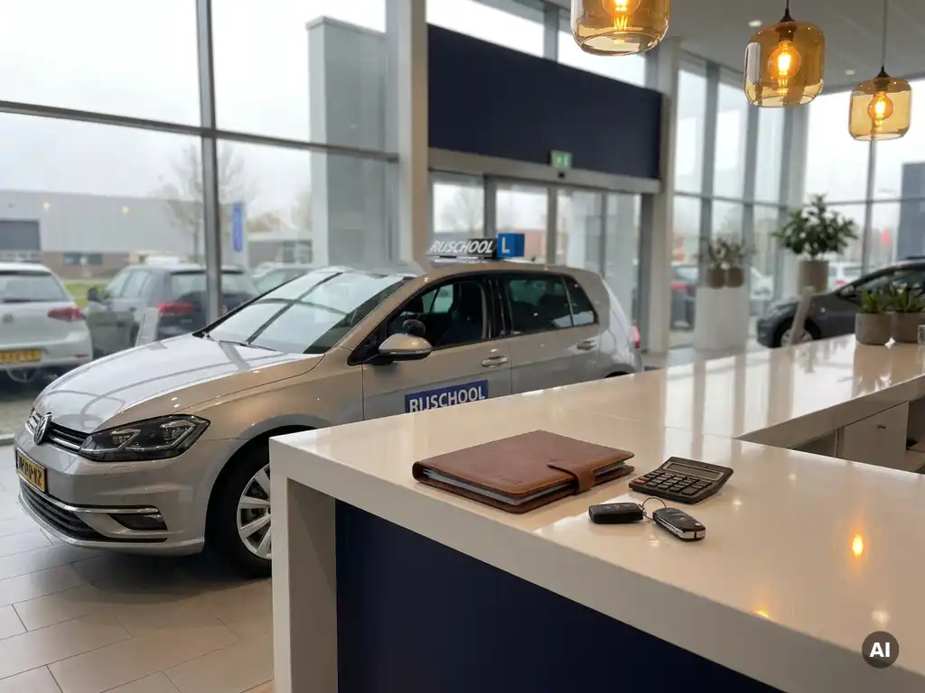 Rijschoolauto met dubbele bediening naast een dealerbureau met leasecontract, rekenmachine en autosleutels in moderne Nederlandse showroom.