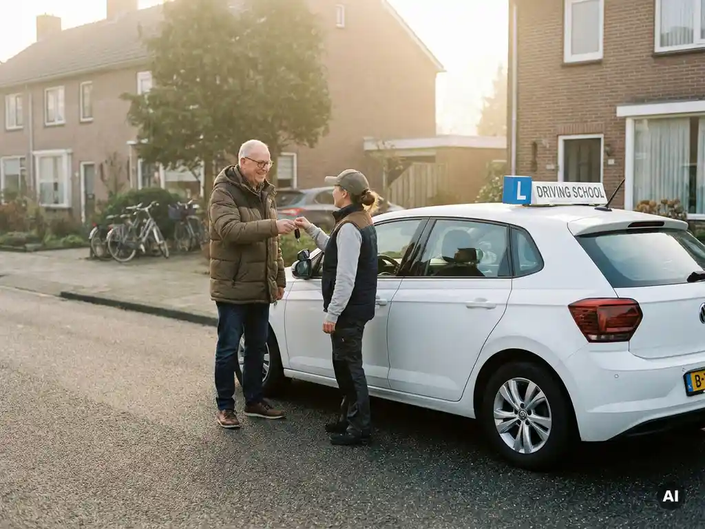 Rij-instructeur ontvangt autosleutels van bezorger bij aflevering van nieuwe lesdubbelganger op rustige Nederlandse straat.