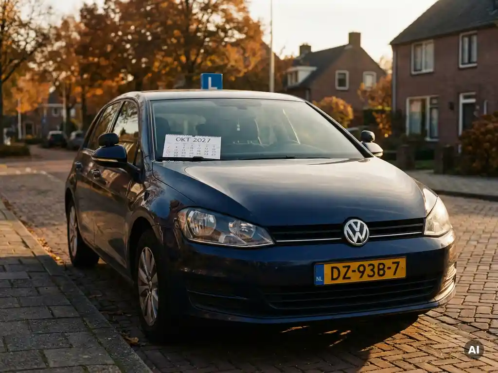 Rijschoolauto met dubbele bediening geparkeerd op een Nederlandse straat, met een kalenderblad van 2027 onder de ruitenwisser.