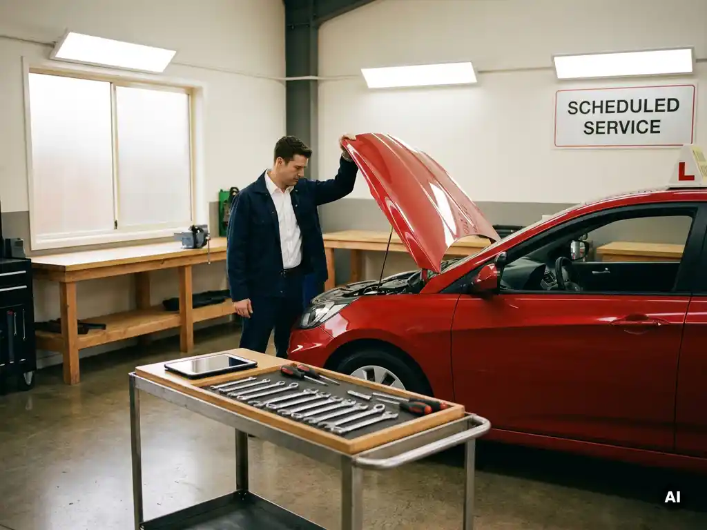 Monteur inspecteert motor van rood rijschoolvoertuig met dubbele bediening tijdens periodiek onderhoud in professionele garage.