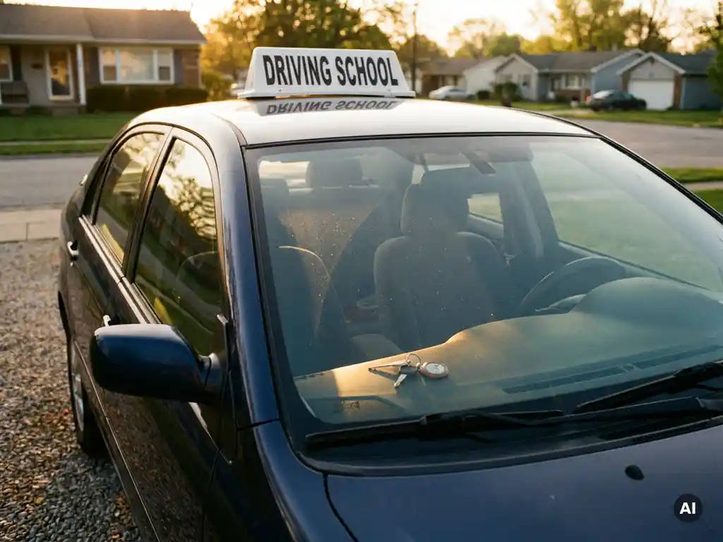 Rijschoolauto geparkeerd op een oprit bij zonsopgang, met autosleutels op het dashboard en warm gouden ochtendlicht.