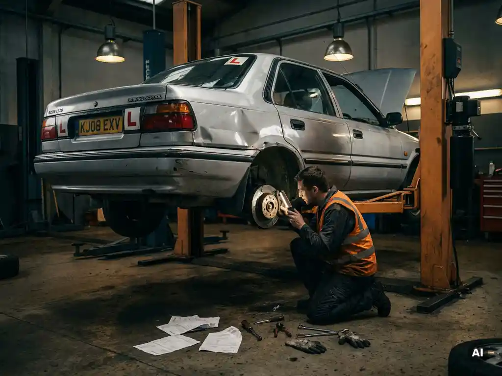 Rijschoolauto op hefbrug terwijl monteur gebarsten remschijf inspecteert, gereedschap en facturen op garagevloer.