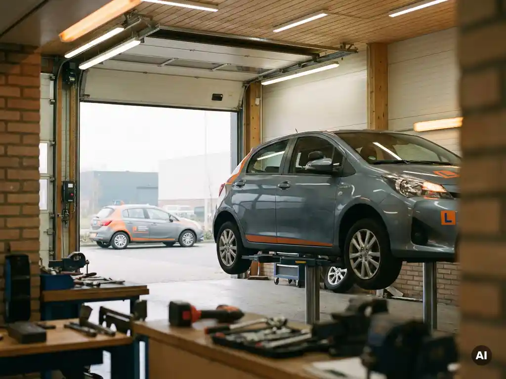 Rijschoolauto op een lift in een carrosseriebedrijf, tweede lesauto met dubbele pedalen zichtbaar door de open garagedeur.