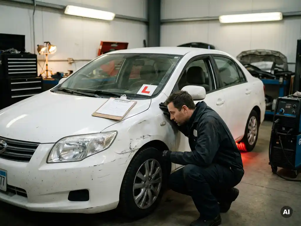 Beschadigde witte rijschoolauto geïnspecteerd door technicus in carrosseriebedrijf, leasecontract op de motorkap.