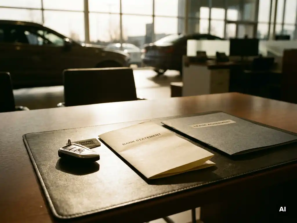 Rijschoolauto sleutel op dealerbureau naast bankdocument en leaseovereenkomst, warm natuurlijk licht.