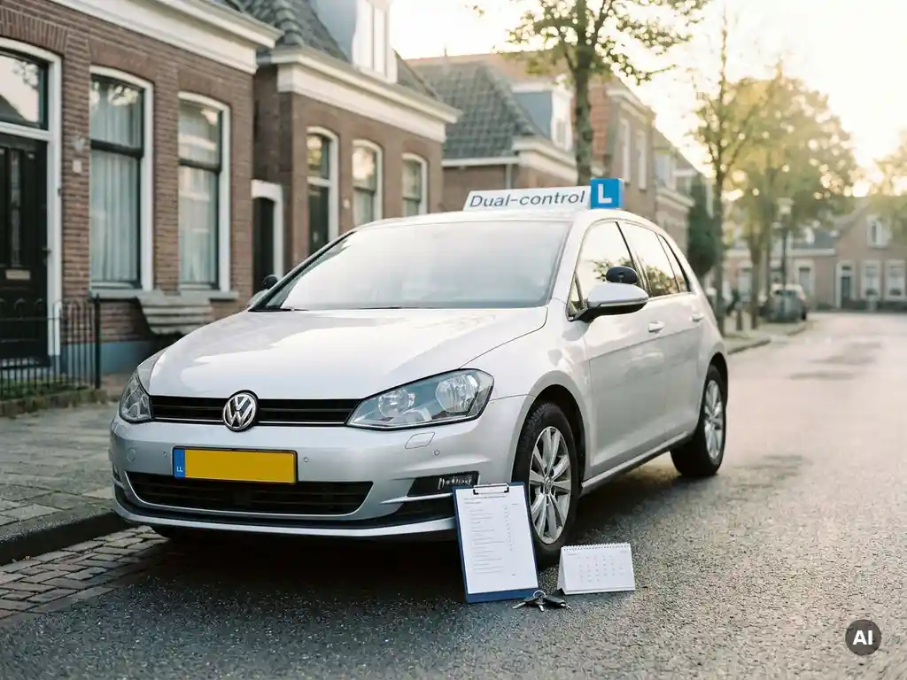 Nieuwe rijschoolauto met dubbele bediening op rustige Nederlandse straat, met klembord, autosleutels en kalender op het asfalt.