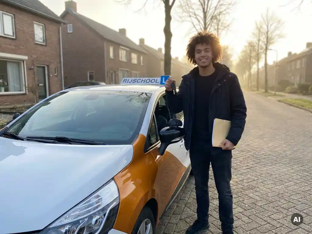 Jonge ondernemer met autosleutels naast een nieuwe rijschoolauto op een rustige Nederlandse straat, dun dossier onder de arm.
