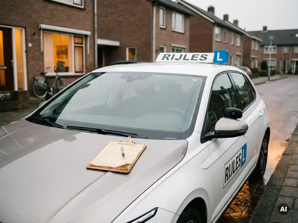 Rijschoolauto met dubbele bediening geparkeerd op Nederlandse straat, klembord met verzekeringsdocumenten op de motorkap.