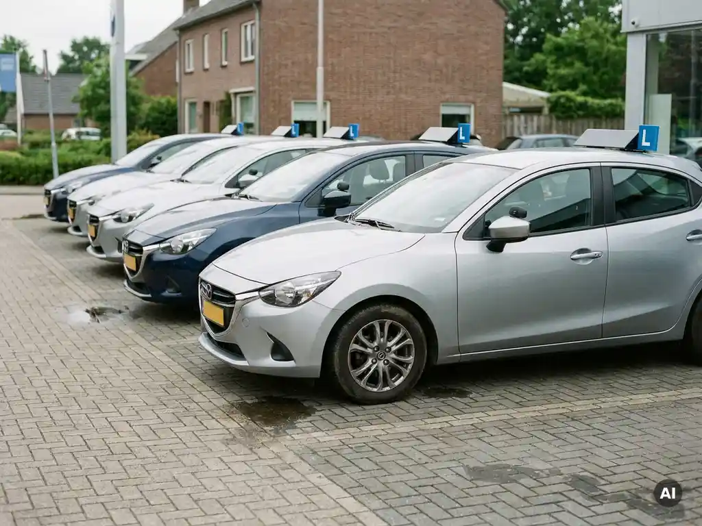 Vijf moderne rijschoolauto's met dubbele pedalen geparkeerd op een rij, voorste auto met lesauto-bord op het dak.