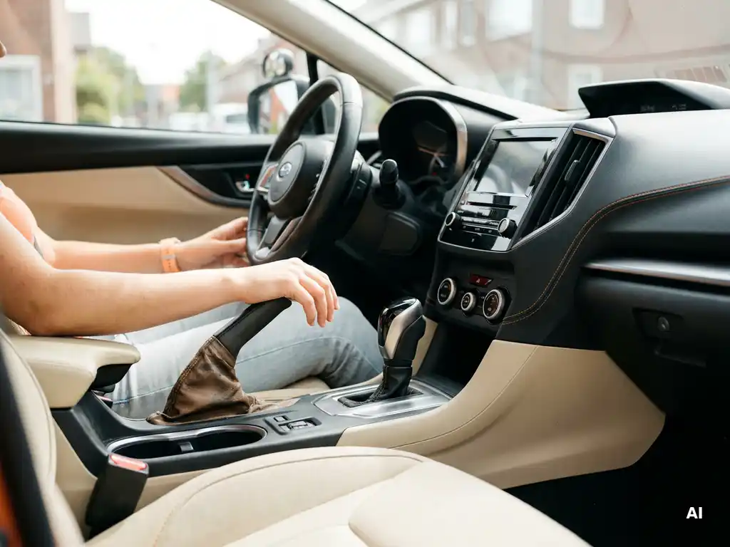 Leerling-bestuurder vergelijkt manuele versnellingspook en automatische selector in rijschoolauto, helder Nederlands daglicht.