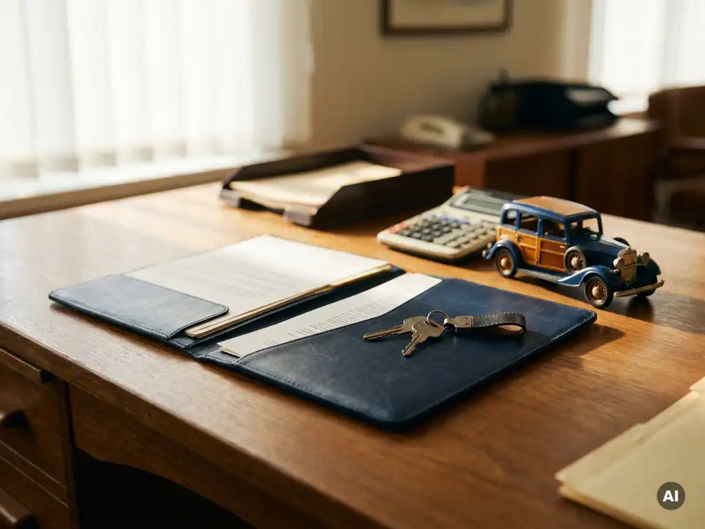 Bureau van een rijschool met open zakelijke bankmap, autosleutels, miniatuurlesauto en rekenmachine in warm amber- en marineblauw licht.