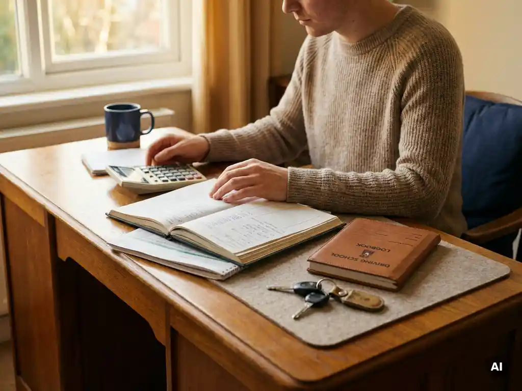 Ondernemer bekijkt financiële documenten op houten bureau met rekenmachine, autosleutels en rijschoollogboek in warm natuurlijk licht.