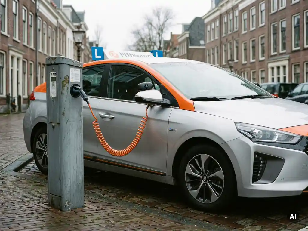 Plug-in hybride rijschoolauto met oranje laadkabel bij publiek laadpunt op Nederlandse straat, bewolkt daglicht.