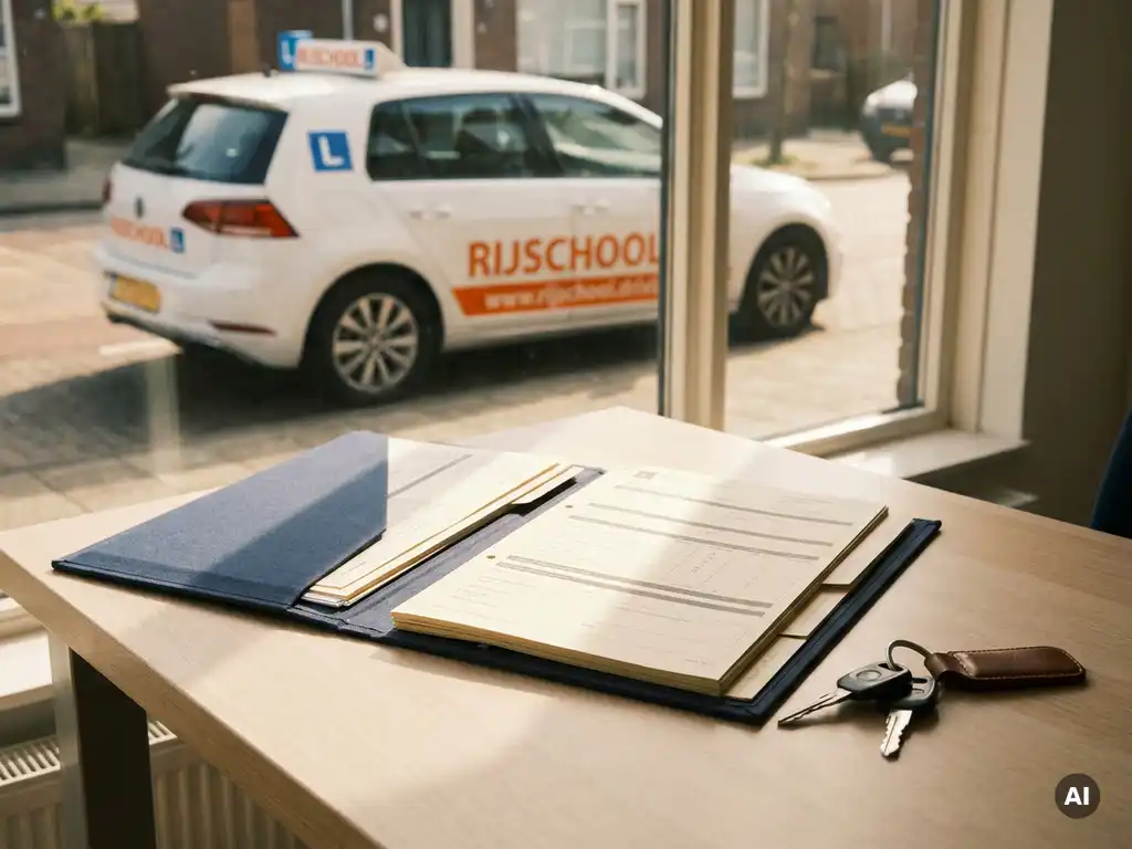 Open rijschool registratiemap op bureau met autosleutels en rijschoolvoertuig zichtbaar door zonnig raam.