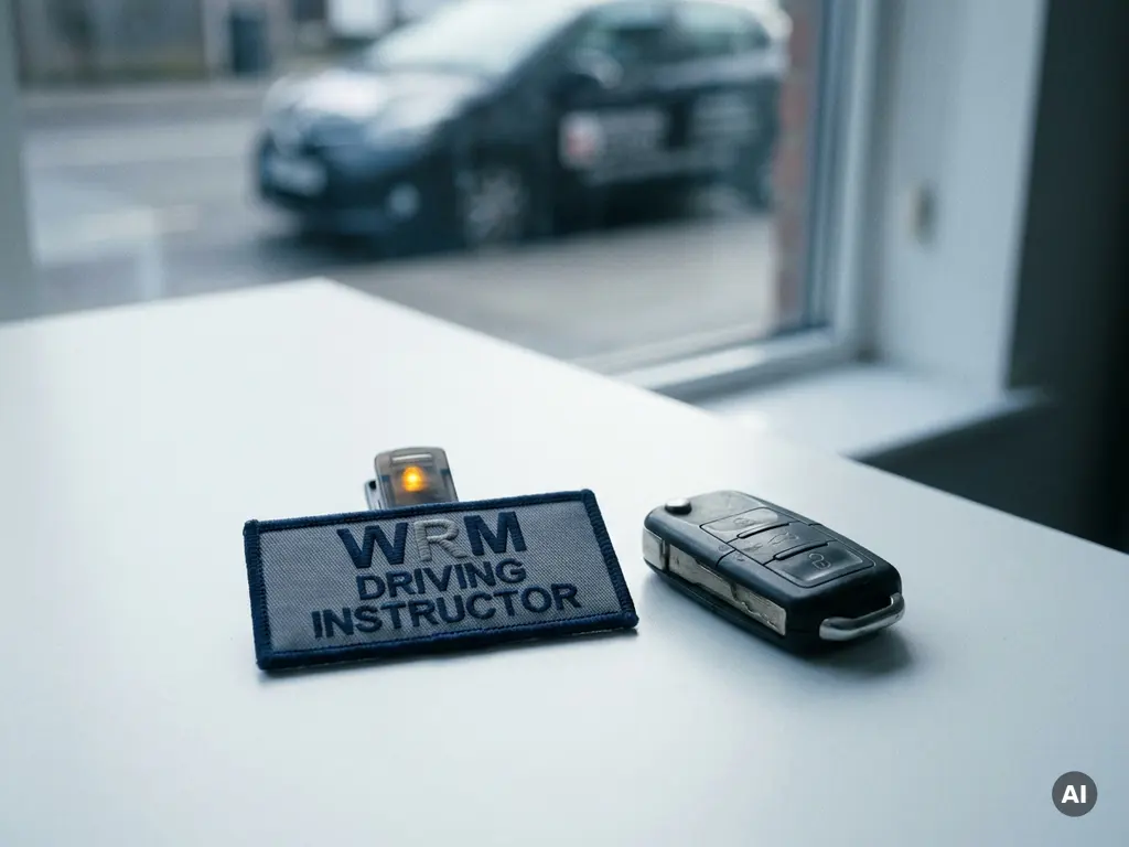 WRM-rijinstructeursbadge op wit bureau naast autosleutel, rijschoolauto zichtbaar op achtergrond.