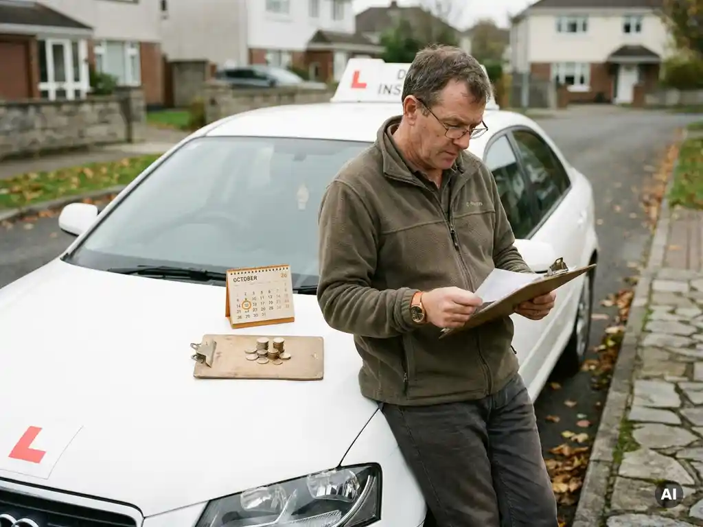 Rij-instructeur bekijkt maandelijkse factuur op klembord naast witte lesauto met dubbele bediening, euromuntjes en kalender op motorkap.