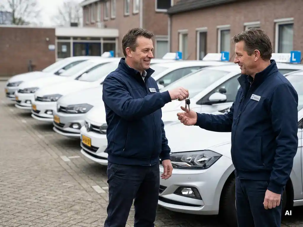 Rijinstructeur overhandigt autosleutels aan collega bij rij witte lesauto's op professionele rijschool.
