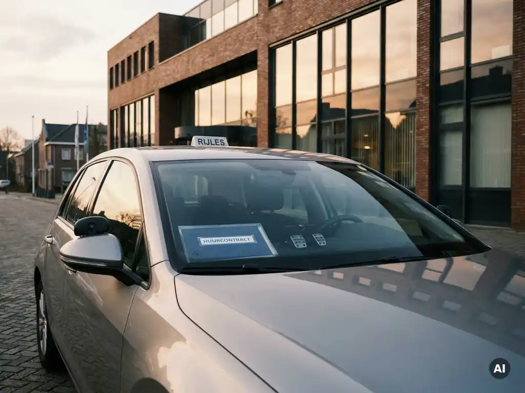 Rijauto met dubbele pedalen geparkeerd voor Nederlands gemeentehuis, leasecontract zichtbaar op dashboard in amberkleurig middaglicht.