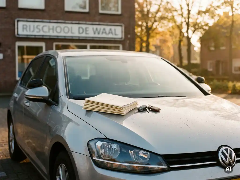 Nieuwe rijschoolauto met dubbele bediening, financiële documenten en autosleutels op de motorkap in warm ochtendlicht.