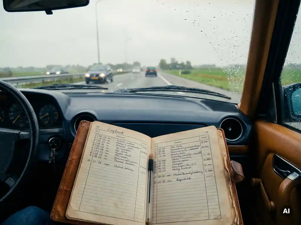 Rijinstructeur logboek opengeslagen op autodashboard met pen op kilometerregistraties, wazige Nederlandse weg zichtbaar door voorruit.