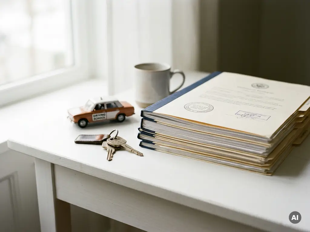 Stapel overheidsdocumenten voor rijschoolsubsidie naast autosleutels en miniatuur lesauto op wit bureau.